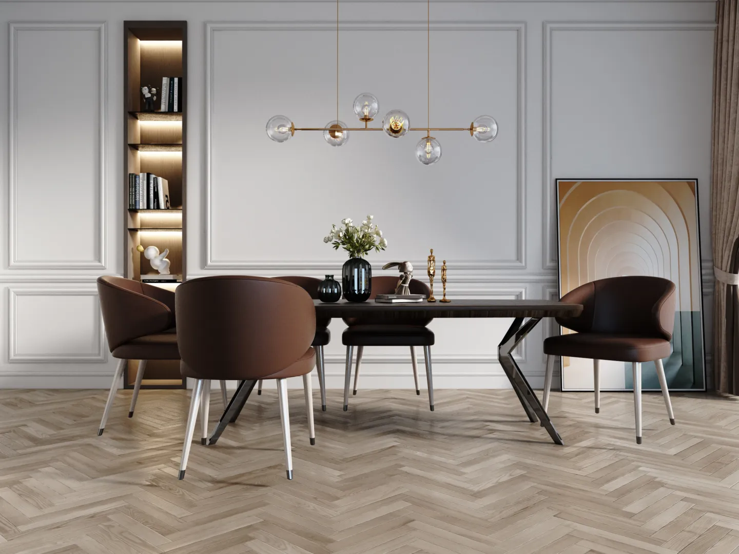 Salle à manger design avec grande table et sièges confortables.