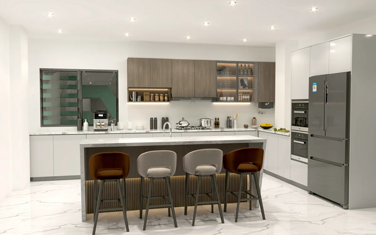 Cuisine contemporaine linéaire avec îlot central