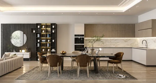 Cuisine ouverte contemporaine avec espace salle à manger intégré