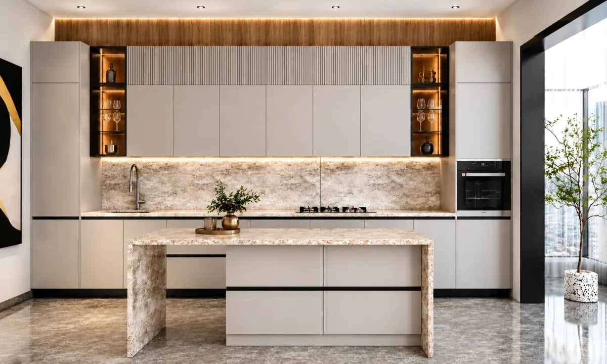 Cuisine contemporaine bois naturel et blanc avec électroménager intégré