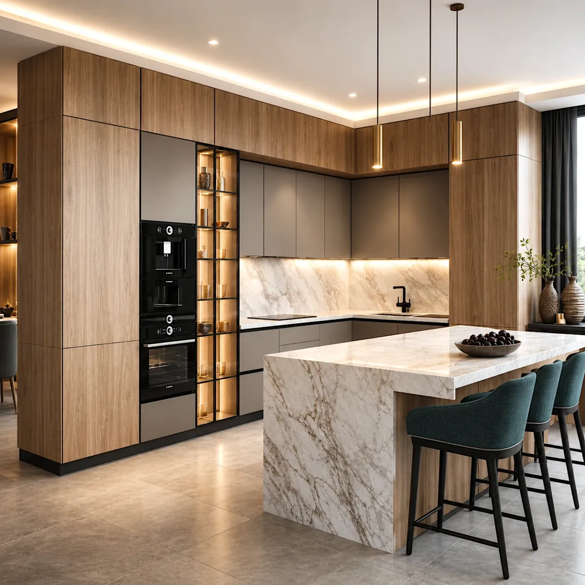Cuisine contemporaine Prestige Noyer & Marbre avec îlot central