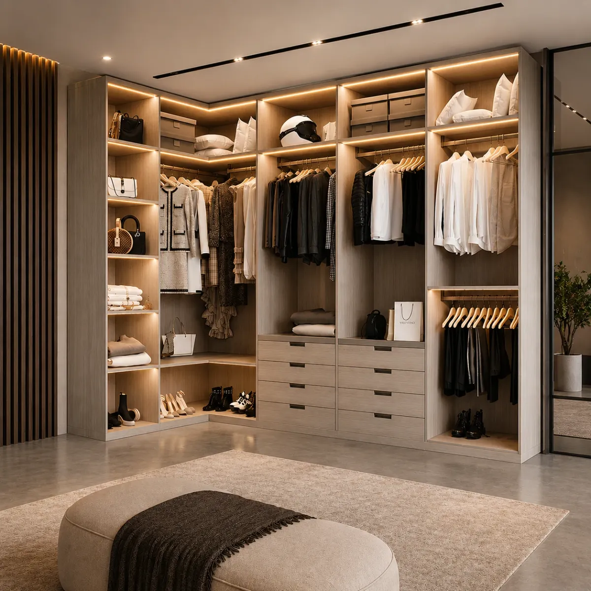Dressing d’Angle Premium avec Éclairage LED Intégré et Rangements Modulables