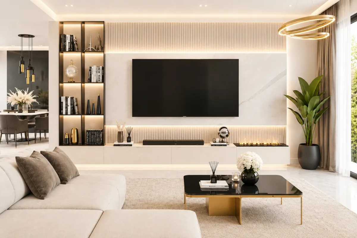 Mur TV avec bibliothèque décorative et éclairage LED intégré