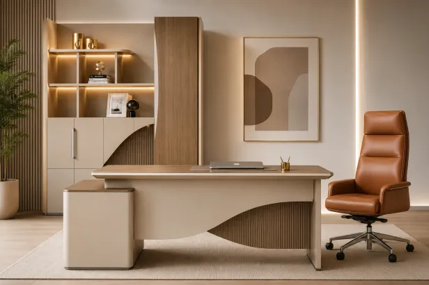 Bureau de Direction Beige et Bois avec Bibliothèque