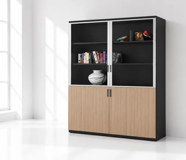 Armoire de bureau haute vitrée avec rangements fermés